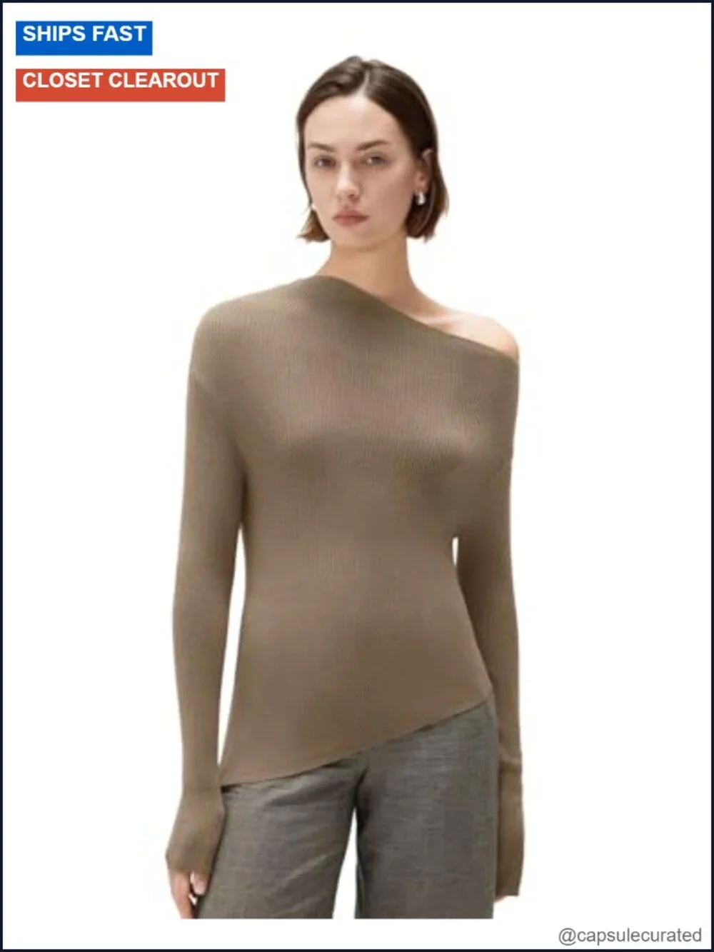 Off Shoulder Pullover Sweater Cashmere Ribbed Knit Long Sleeve Shirt